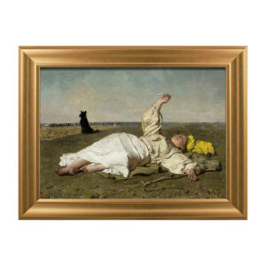 Obraz z leżącą na pastwisku, łapiącą babie lato. W tle czarny piesek.